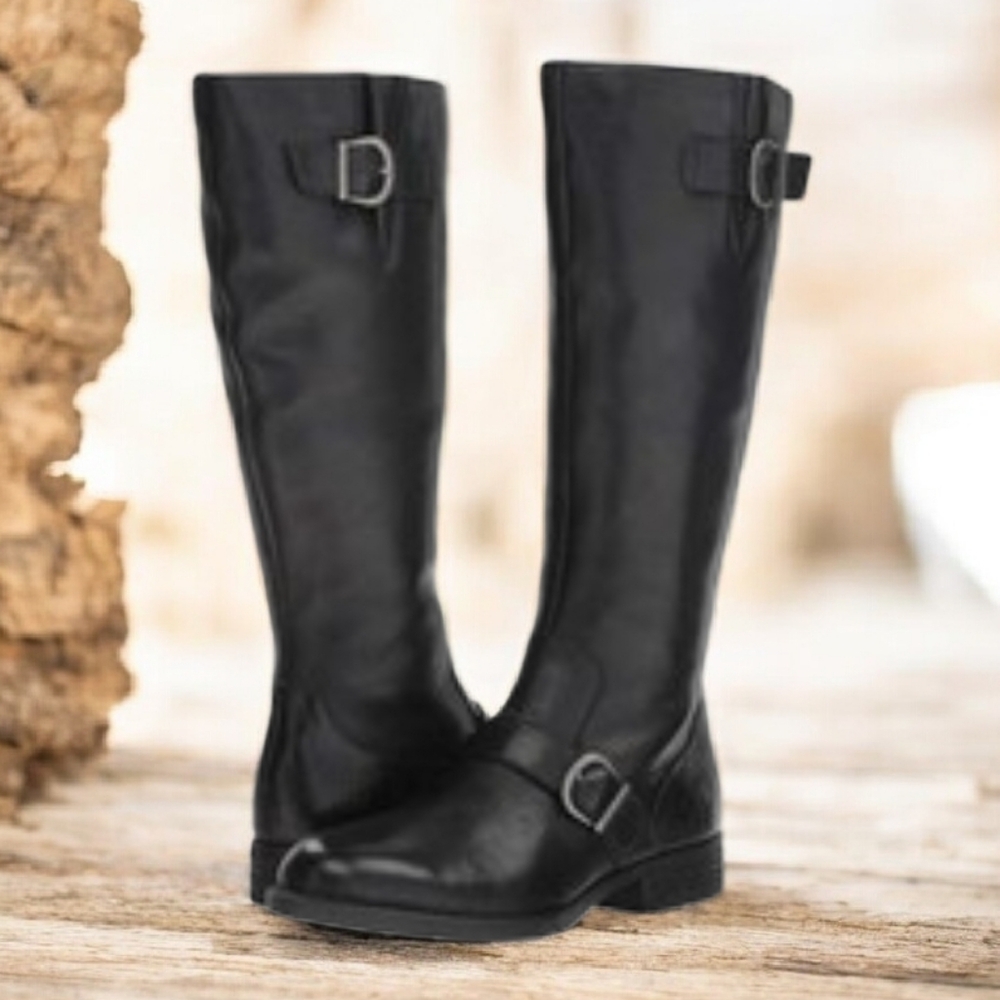 Born Black Leather Knee-High Boots Buckled Low Heel Western Winter Fall Style